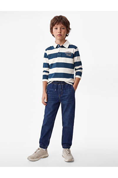 Koton Cotton Long Sleeve Striped Polo Collar T-Shirt with Print Detail