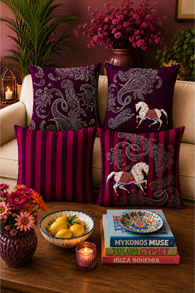 ASDİVA Purple decorative pillow cover set of 4 with horse figure and shawl pa...
