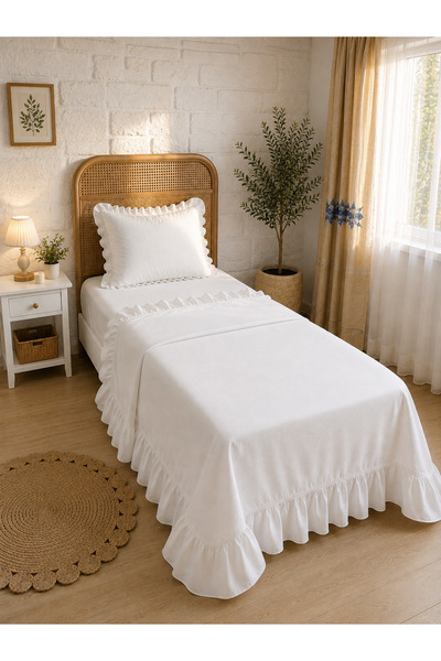 Decamor home İnci Vintage Beyaz Fırfırlı Tek Kişilik Yatak Örtüsü 2 parça