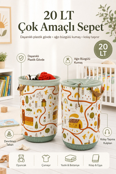 Nandy Home Set of 2 Autumn Patterned Round Organizer Baskets - 20L – with Dra...