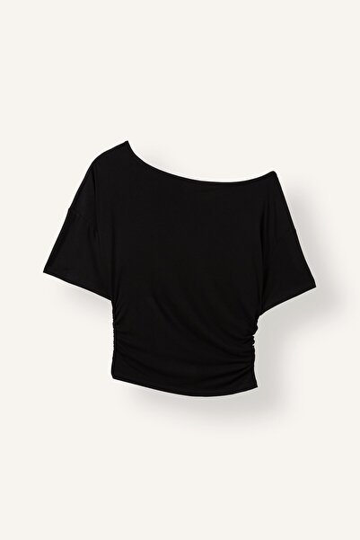 DeFacto Loose Fit Open Shoulder Short Sleeve Black T-Shirt H7189Ax26Sm