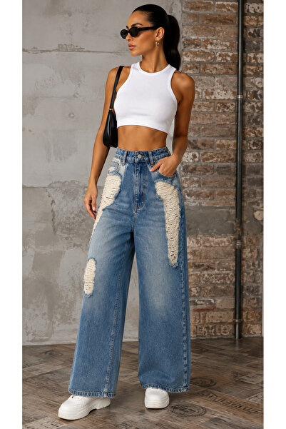 MADAME MELEK Pantaloni din denim premium, de marcă originală, cu talie înaltă...