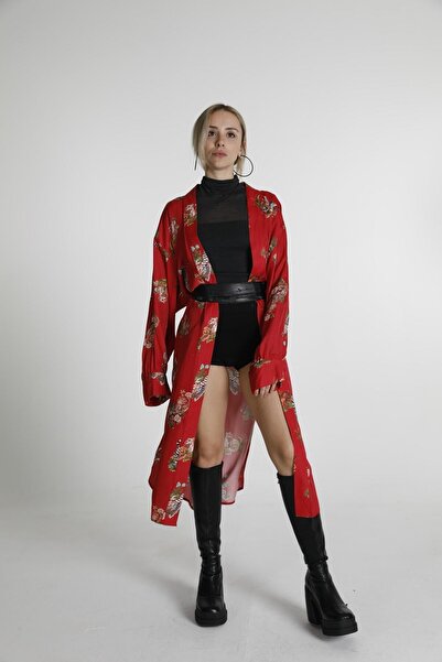 Lava Falls Tiger Print Long Kimono-kırmızı
