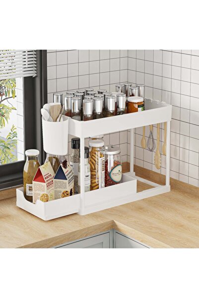 choice2 White 2-Tier Pull Out Under Sink Organizer, Storage Rack with Hooks &...