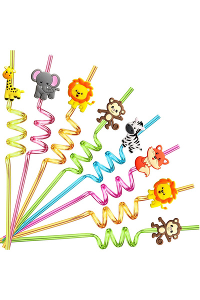 Choice Red 8 Reusable Plastic Straws for Jungle Animals Lion Fox Zebra Giraff...