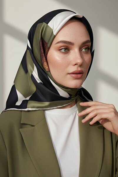 Vissona %100 Twill İpek Karo Desenli Haki - Siyah Renkli 90x90 Eşarp Dikim Şe...