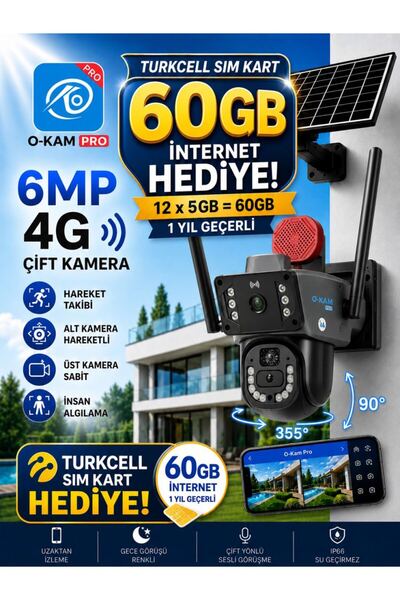 O-KAM 3815 4G 6mp Dual Lens Güneş Panelli Solar Sirenli Güvenlik Kamerası 1 Y...