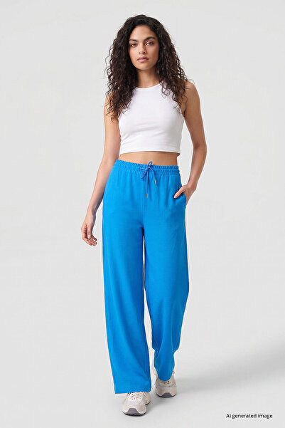 TOMMY LIFE Pantaloni Palazzo de damă, cu picioare largi, din in albastru - 94675