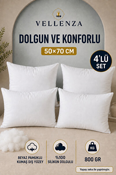Vellenza 4 ADET Silikon Elyaf Dolgulu Yastık 50x70 cm Mikro Kumaş Yumuşak Dol...