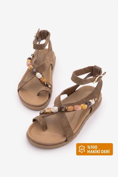 Marjin Women's Genuine Leather Ankle Strap Flip-Flop Sandals with Stones, Mon...
