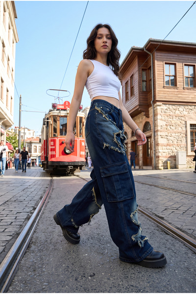 harmony factory Yıldız Yamalı Püsküllü Cargo Baggy Wide Leg Kot Pantolon