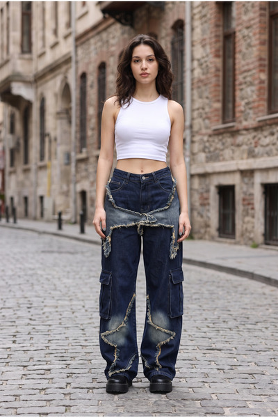 harmony factory Yıldız Yamalı Püsküllü Cargo Baggy Wide Leg Kot Pantolon