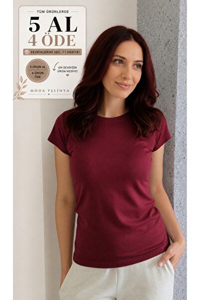 moda felinya Women's Short Sleeve Crew Neck Burgundy Body T-Shirt