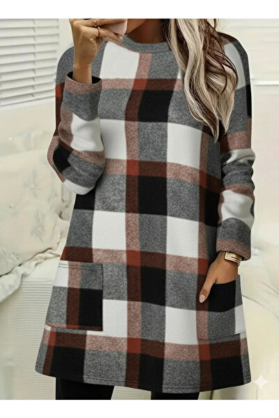 Generic Brand Women's Long Sleeve Semi-High Neck Pocket Detailed Plaid Woven ...