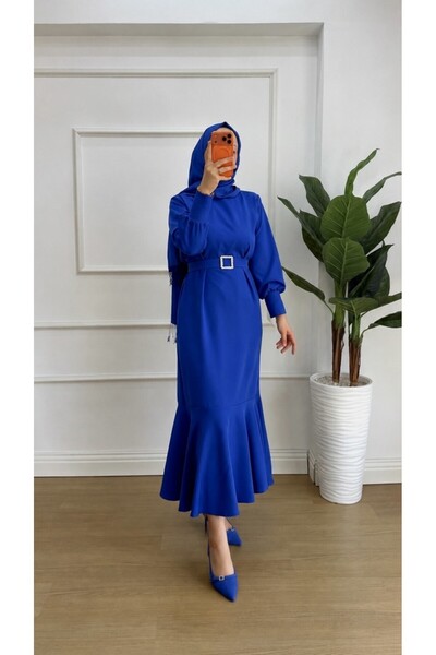 Nisa Nalbantoğlu Blue Stone Belted Crepe Event Dress (with Zipper at the Back)