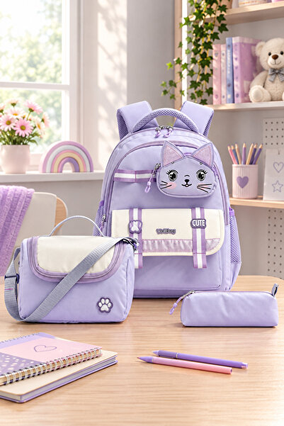Catwins Girl's Cat Design 3-Piece School Bag Set - Backpack, Lunch Bag, Penci...