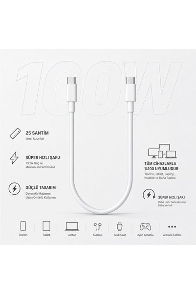 schitec 6A 100W Type-C to Type-C 25cm Süper Hızlı Data ve Şarj Kablosu Beyaz