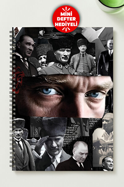 ÖZEL TASARIM ATATÜRK TEMALI A5 Meta l Spiralli KARELİ KARTON Kapak ATATÜRK TEMALI A5 Defter