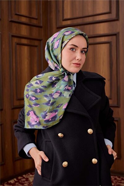 Silk Home Twill İpek Eşarp Yeşil-Su Yeşili Desenli Tok Duruşlu 90x90