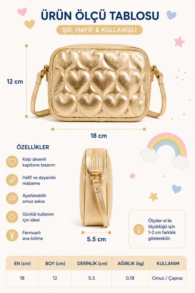 ICONE BAG Icone Çocuk Kalp Kapitone Detaylı Omuz Çantası, Altın Kapitoneli Çocuk Çantası, Gold Kids Bag