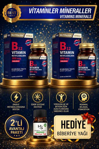 Nutraxin 2 Adet B12 Vitamini 1000mcg Kiraz Aromalı 60 Adet Dil Altı Tablet + ...