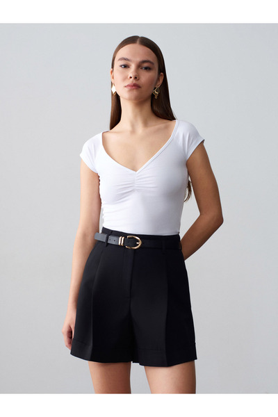 Dilvin 32843 Κοντομάνικο μπλουζάκι με κορδόνι - Λευκό