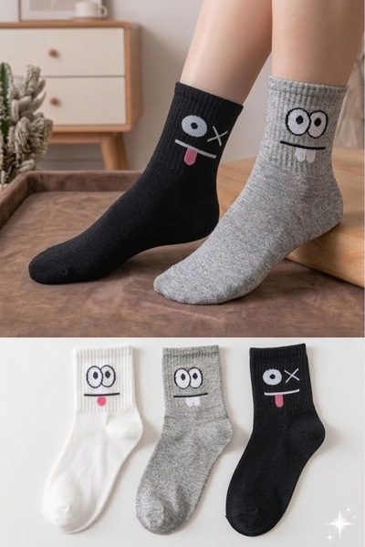Socks Stores 3 perechi de șosete unisex colorate cu model emoji, șosete din b...