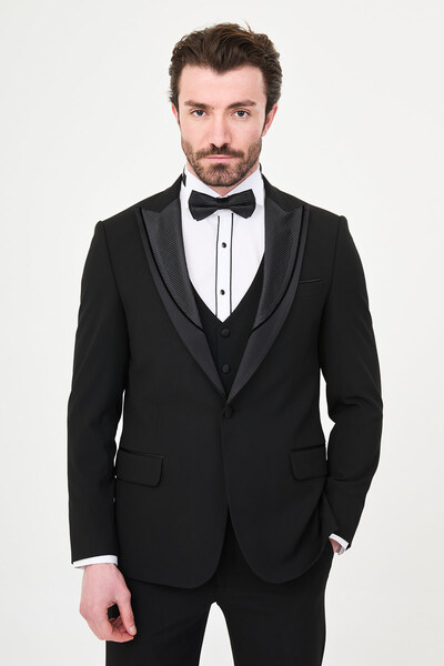 Mcr Straight Slim Fit Removable Collar Men's Groom Suit Black - 45454.26Y
