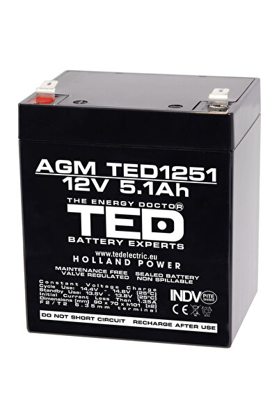 TED Electric Acumulator Stationar AGM VRLA Etans 12V 5.1A F2 T2, Dimensiuni 9...