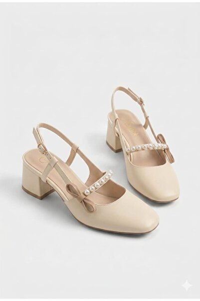 Nexs Women's Beige Skin Stripe Pearl Heeled Shoes