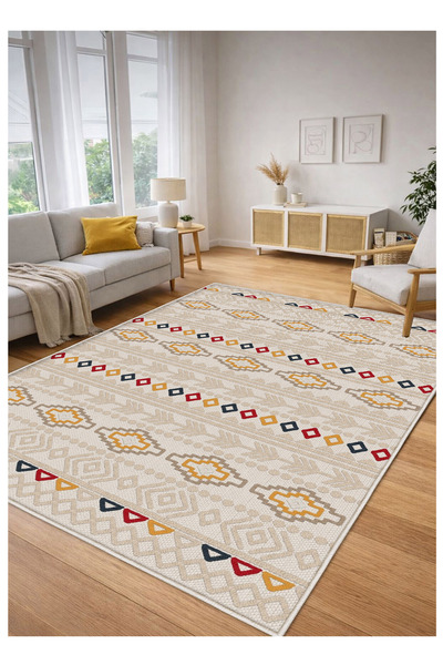 STY Home Krem Dijital Baskı Halı Kaymaz Tabanlı Yıkanabilir Halı Yolluk Salon...