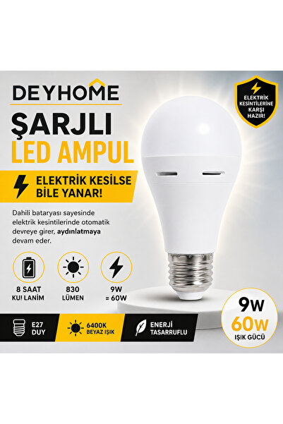 DEYHOME Cata CT-4229 Şarjlı LED Ampul, 9W, 830 Lümen, Beyaz [Enerji Sınıfı A]