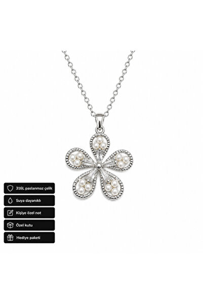 HER ŞEY NOTA www.herseynota.com Flower Necklace with Pearl Detail 316L Stainl...