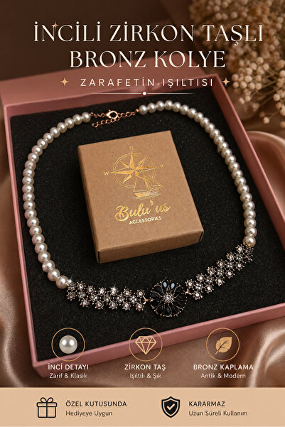 BULU'US ACCESSORIES İnci Dizili Bronz Zirkon Taşlı Çiçek Motifli Vintage Koly...