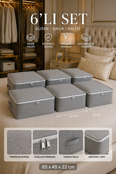 Çınar Ev Tekstil 6’lı Set Hurç 65x45x22 cm Gri – Katlanabilir Fermuarlı Yorga...