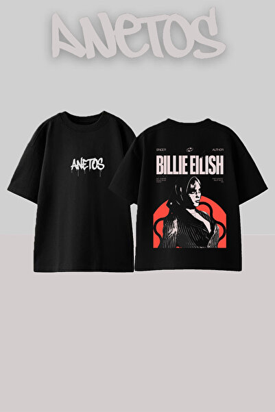 Anetos Μπλουζάκι Billie Eilish 3 Design Back με τύπωμα Βαμβακερό μαύρο oversized