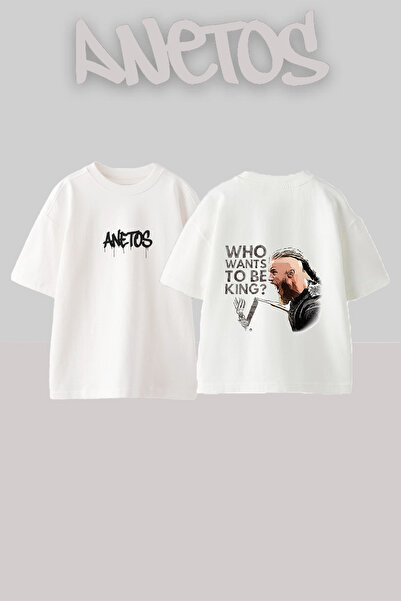 Anetos Βαμβακερό λευκό μπλουζάκι με σχέδιο Viking King και στάμπα στην πλάτη