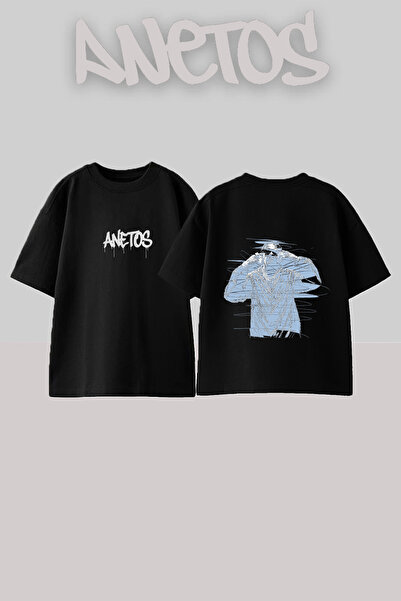 Anetos Μπλουζάκι με κουκούλα και στάμπα στην πλάτη, βαμβακερό, μαύρο, oversized