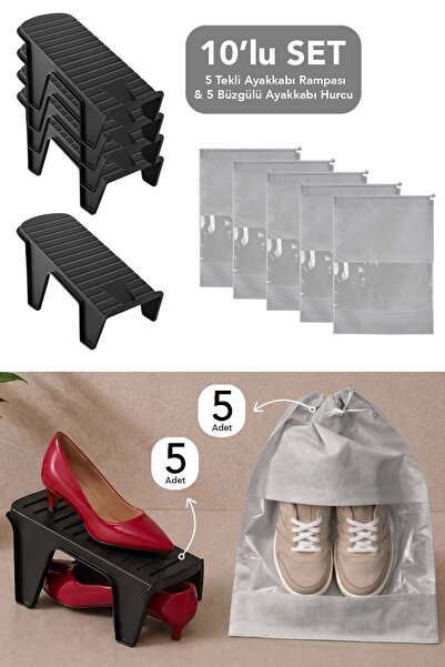 Meleni Home 10'lu Set - 5 Tekli Ayakkabı Rampası ve 5 Ayakkabı Organizer Hurc