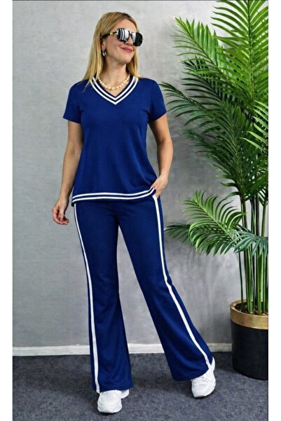 Wear Up Γυναικείο κοντομάνικο σετ με λαιμόκοψη V Βισκόζη με δύο κλωστές, μπλο...