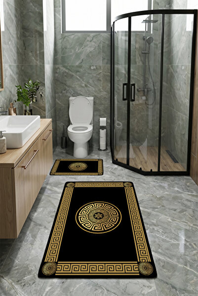 Delipoyraz Tekstil Greek Desenli Lüks 2'li Banyo Paspas Takımı Kaymaz Taban M...