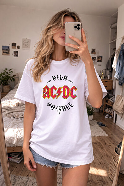 AYDESİGN Μπλουζάκι AC DC με στάμπα Crew Neck, λευκό