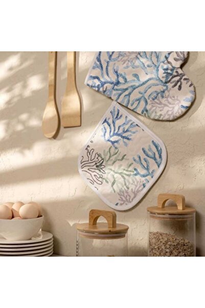 Evidea Soft Mercan Oven Gloves and Tongs Set - Ecru - 17X28 cm + 20X20 cm