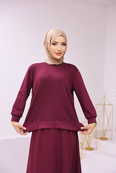 1038 MODAL OYSHO TAŞ DETAYLI ETEKLİ TAKIM BORDO
