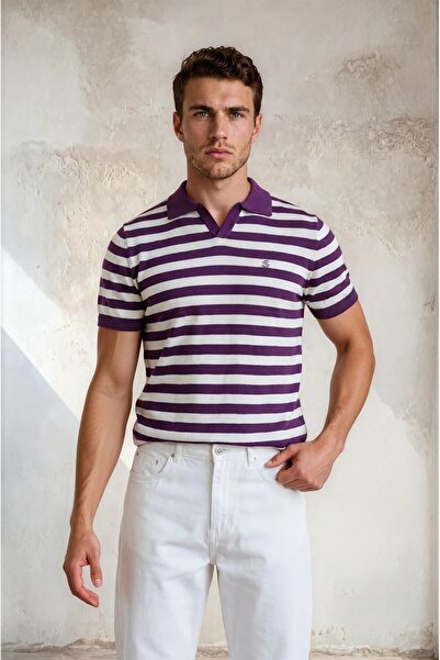 Sea Style Striped Polo Collar Men's Knitwear T-Shirt Fit Cut Summer Knit T-Shirt