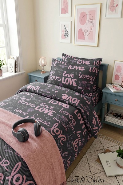 Elif Mira Σετ Μονό Παπλωματοθήκη με Ελαστικό Σεντόνι Βαμβακερό Lovetime