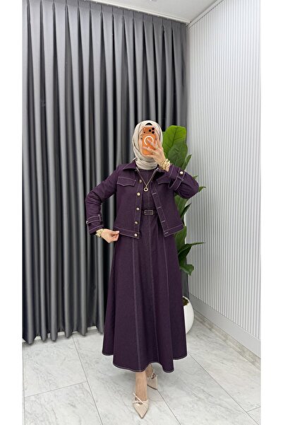 TARZ-I HAS BUTİK Bordo Premium Eda Kot Jile Ceket Takım Tesettür Giyim