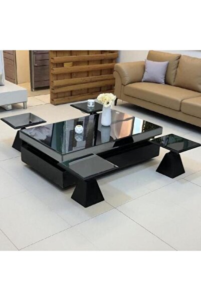 Tables Large Black Glossy Coffee Table with 6 Service