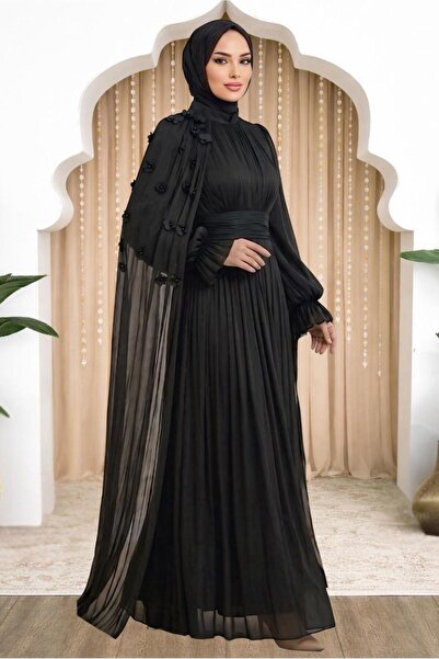 TRENDTESETTÜR KADIN SİYAH PELERİNLİ ŞİFON ABİYE ELBİSE T 6663