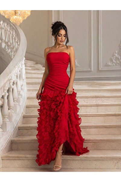 molan fashion Royal Red Glamour: Stand Out in Our Luxurious Ruffle Gown for a...